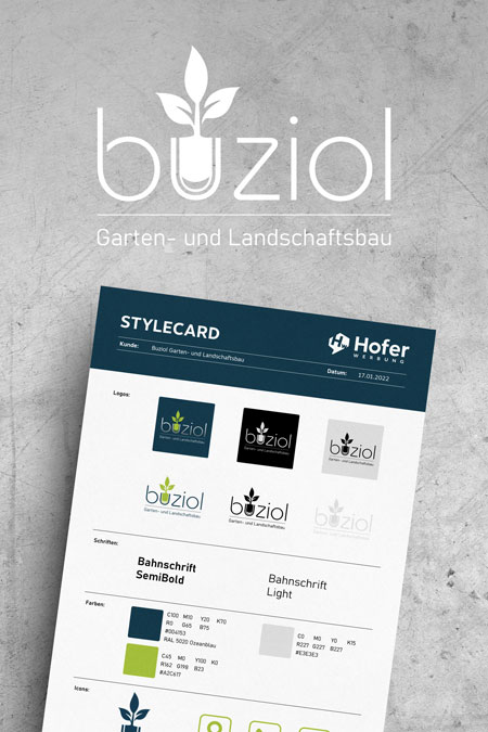 Referenzen Hofer Werbung Stylecard mit Logos, Schriften, Farben und Icons von Buziol Garten- und Landschaftsbau