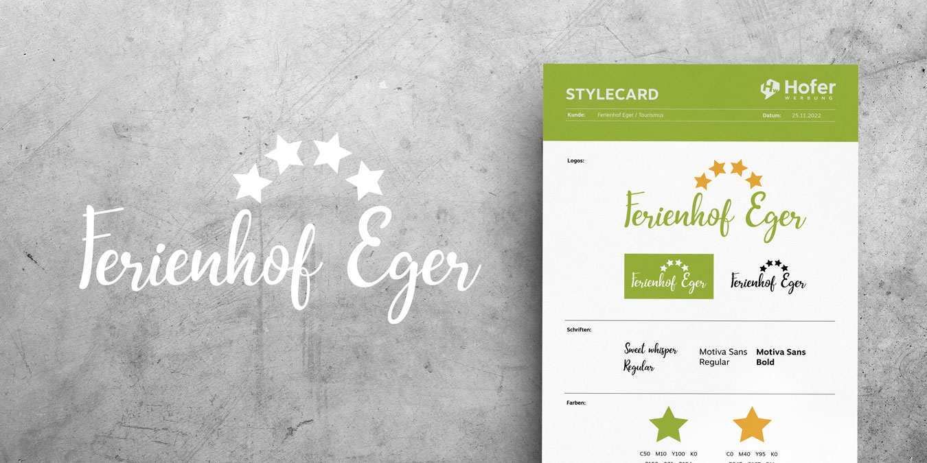 Referenzen Hofer Werbung Stylecard mit Logos, Schriften, Farben und Icons von Ferienhof Eger