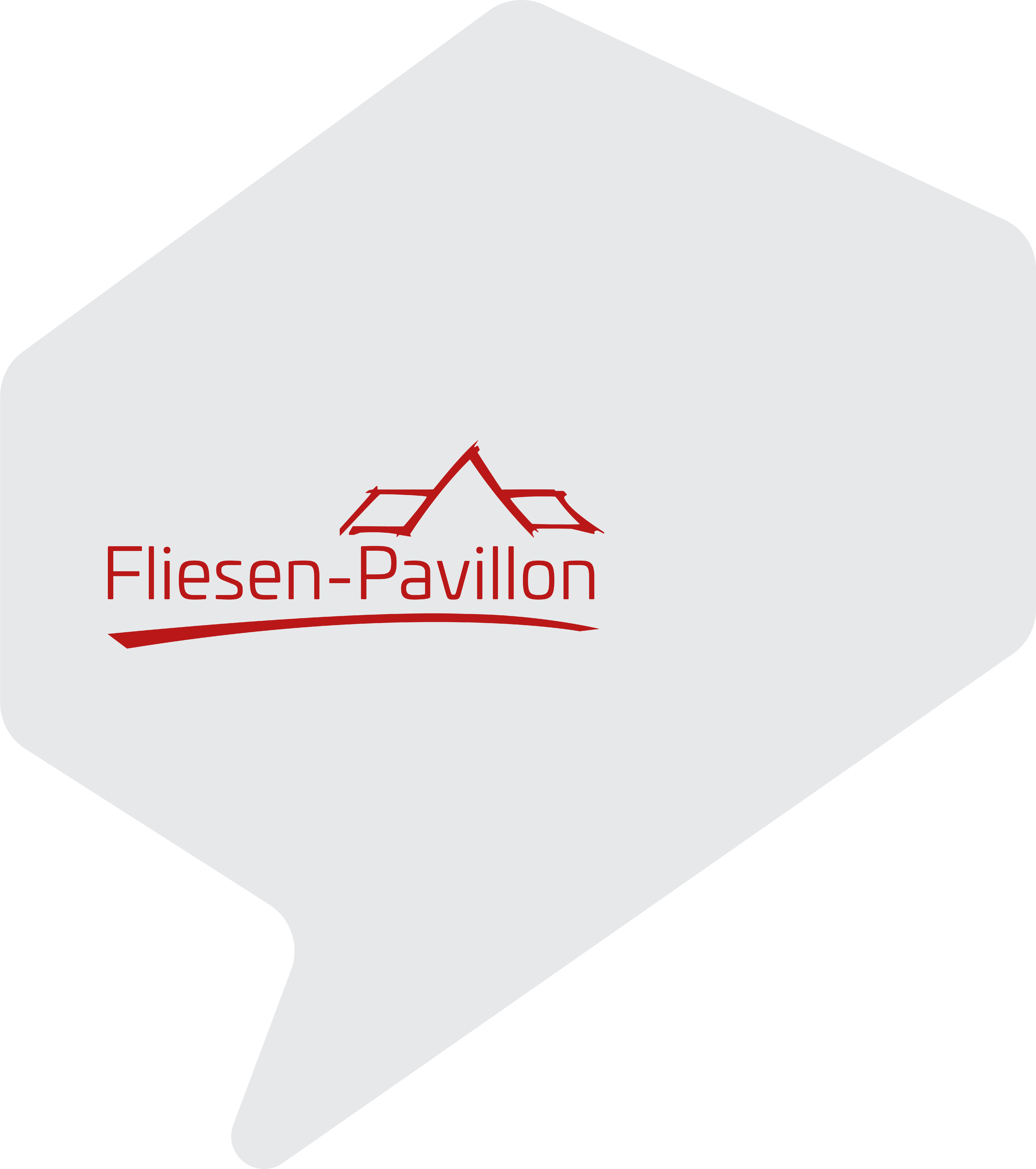 graue Sprechblase mit rotem Logo von Fliesen-Pavillon