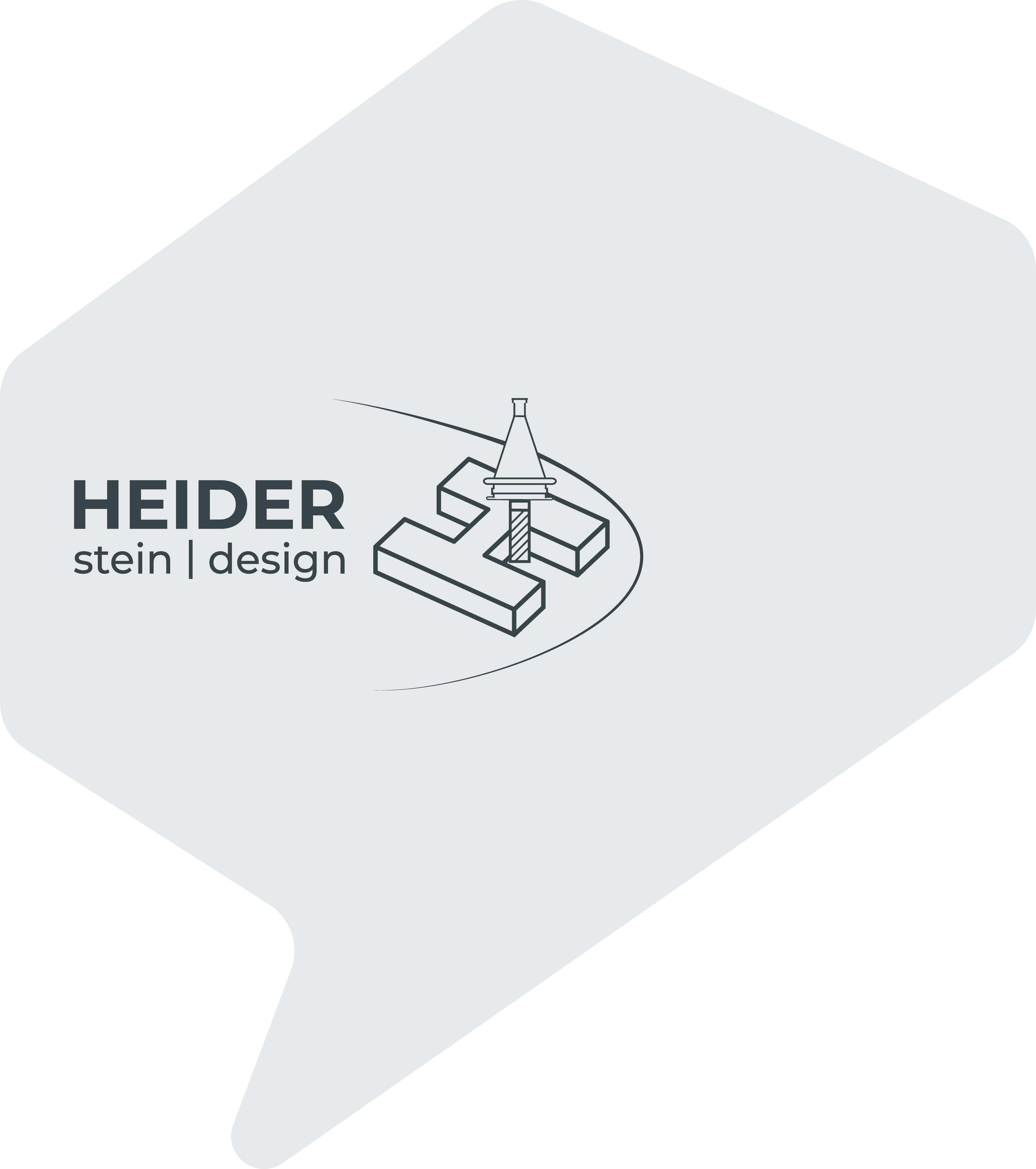 graue Sprechblase mit dunkelgrauem Logo von Heider Stein Design