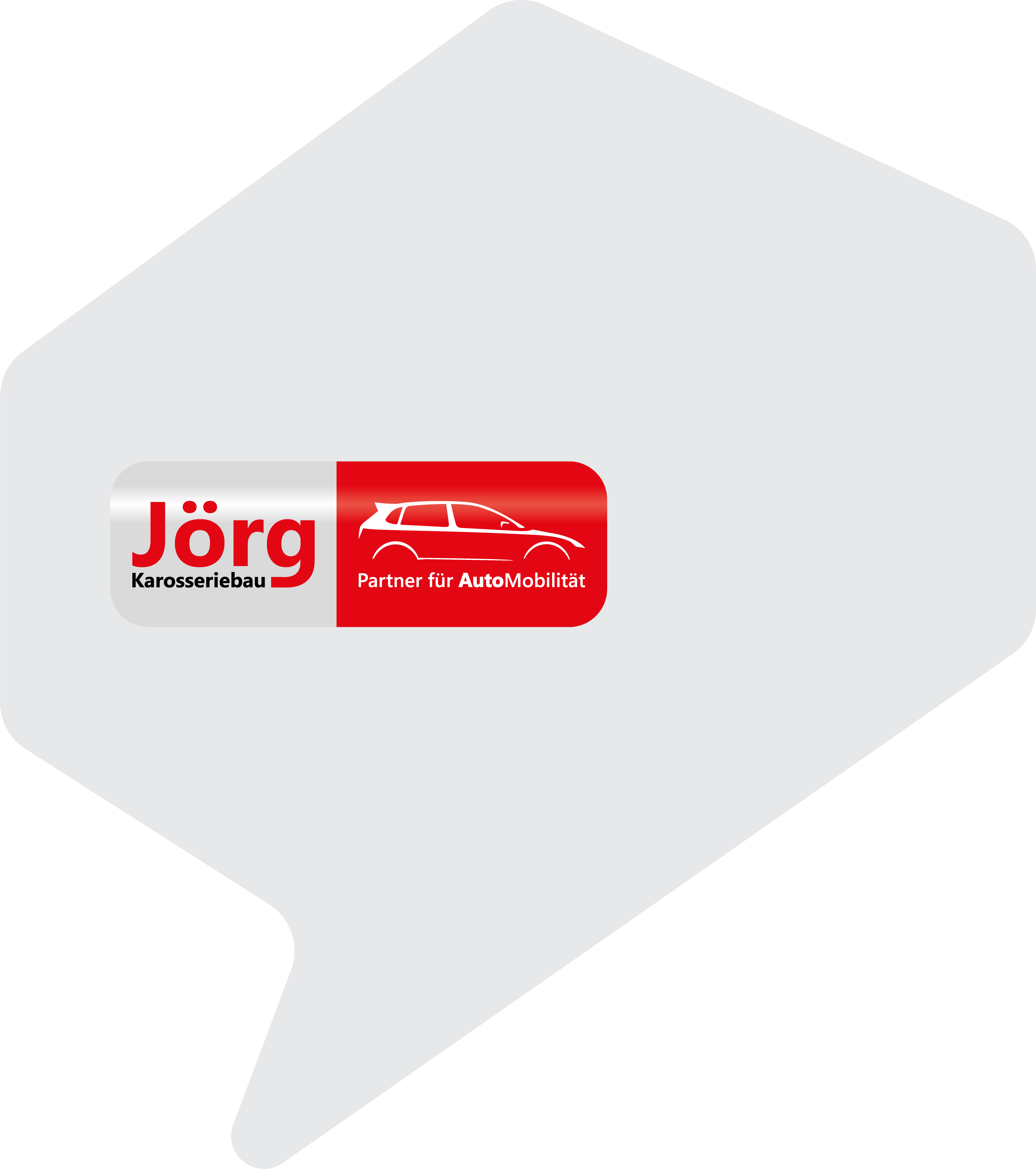 graue Sprechblase mit rotem Logo von Jörg Karosseriebau